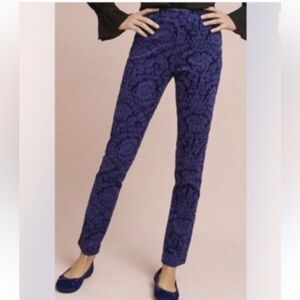 Anthropologie Women's Essential Skinny Pants blue floral velvet brocade pattern